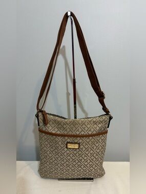 Tommy Hilfiger Crossbody Shoulder Bag Beige Tan Monogram Canvas Brown Strap Y2K